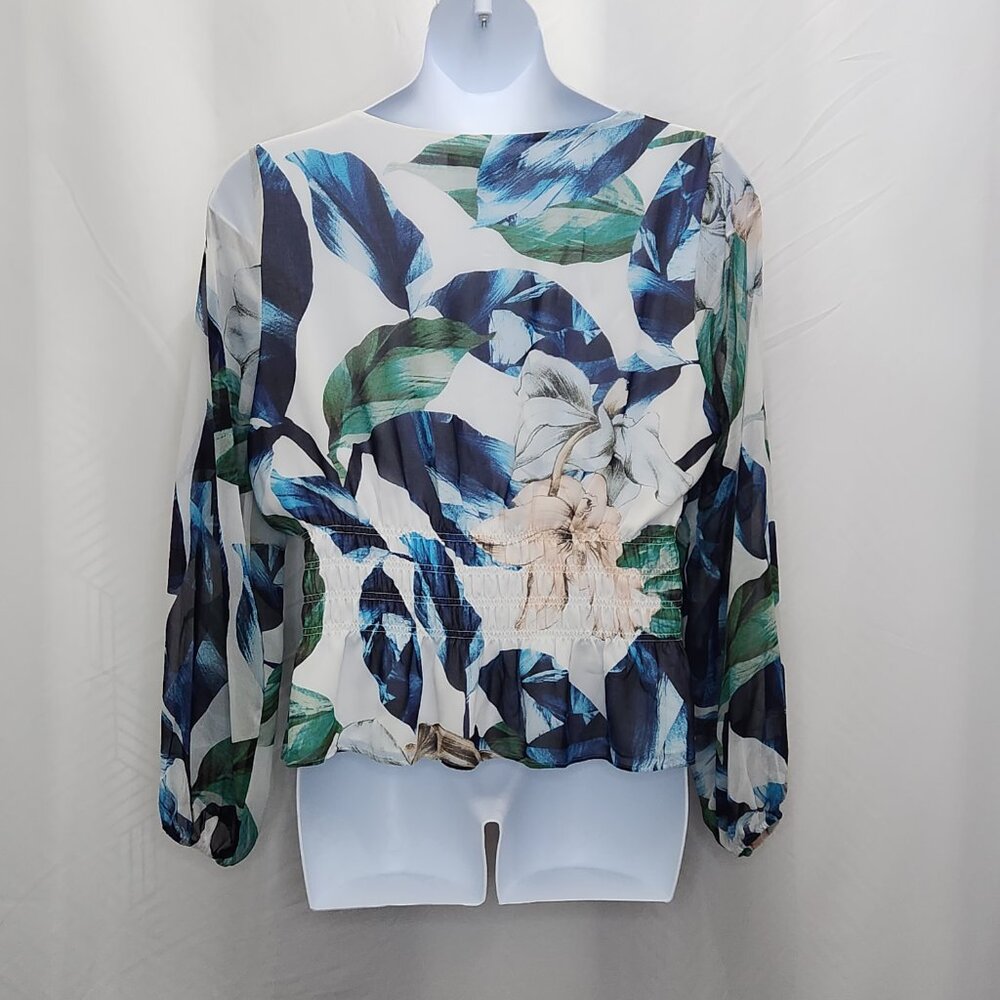 White House Black Market White Floral V-Neck Blouse with Blue and Green Print - Picture 4 of 10